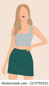 Vector flat image of an attractive young fair-haired girl with hoop earrings. Lady in a short skirt and top. Summer image 2022. Design for postcards, avatars, posters, backgrounds, templates.