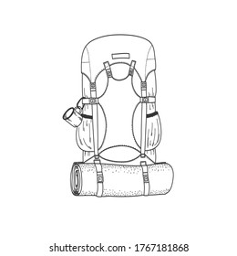Vector Flat Image Of A Backpack. Travel Backpack. Go Hiking, Camping. A Backpack With A Mug And A Mouse Pad. Linear Drawing