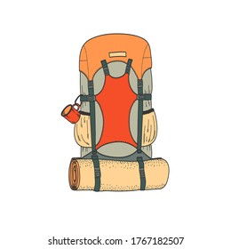 Vector flat image of a backpack. Travel backpack. Go Hiking, camping. A backpack with a mug and a mouse pad.