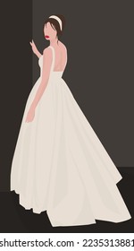 Vector flat image of a beautiful girl with red lips. A brown-haired woman in a long white dress and headband. Design for avatars, posters, backgrounds, templates, textiles, banners, postcards.