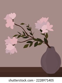 Vector flat image of beautiful pink flowers. Flowers in a vase on the table. Design for cards, backgrounds, templates, banners, textiles, posters.