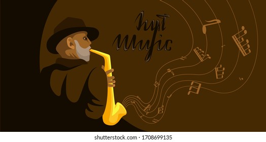 Vector flat image of a black man playing saxophone with flying notes around, as a concept of melody sounding