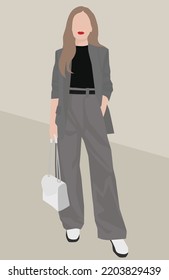 Vector flat image of a blonde girl in a gray trouser suit. Blonde in a suit with a bag and boots. Design for postcards, avatars, posters, banners, textiles, templates.