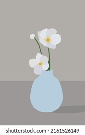 Vector flat image of a blue vase with white flowers. Gray background with summer flowers. Design for avatars, posters, backgrounds, templates, textiles, postcards, banners.