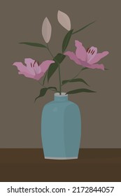 Vector flat image of a blue vase with delicate pink lilies. Flowers on a dark background. Delicate bouquet in a vase. Design for postcards, backgrounds, templates, textiles, posters.