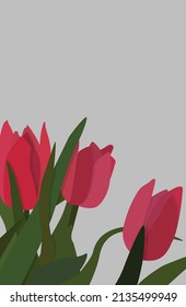 Vektorflaches Bild von hellrosa Tulpen mit grünem Blattwerk. Schöner Blumenstrauß. Design für Postkarten, Avatare, Poster, Hintergründe, Vorlagen, Textilien.