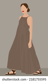 Vector flat image of a brown-haired woman in a sundress and sandals. Lady in a long gray sundress with thin straps. Design for postcards, avatars, posters, backgrounds, templates, textiles, banners.