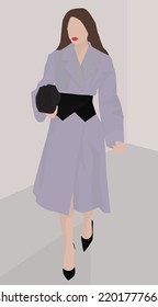 Vektorflaches Bild einer braunhaarigen Frau in einem hellen Kleid mit dunklem Gürtel, schwarzen Schuhen und einer Tasche. Schönes und modernes Design. Design für Postkarten, Avatare, Poster, Hintergründe, Vorlagen, Banner