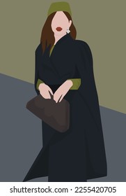 Vector flat image of a brown-haired woman in warm clothes. A girl in a coat, biret, sweater and bag. Design for avatars, posters, backgrounds, templates, banners, textiles, postcards.