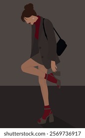 Vector flat image of a brunette. Cute young girl in a suit with a skirt and sandals, burgundy socks and a sweater. Design for postcards, avatars, posters, backgrounds templates.