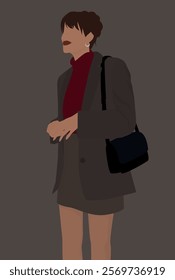 Vector flat image of a brunette. Cute young girl in a suit with a skirt and a burgundy sweater, with a bag on her chest. Design for avatars, posters, backgrounds, templates, banners, textiles, postcar