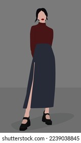 Imagen plana vectorial de una morena. Una chica con un suéter, una falda larga con una correa y zapatos negros. Diseño para avatares, carteles, fondos, plantillas, carteles, textiles, postales.