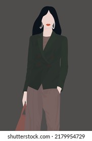 Vector flat image of a brunette in a trouser suit and with a handbag. Lady with round earrings. Fashionable girl in office clothes. Design for cards, avatars, posters, backgrounds, templates, banners.