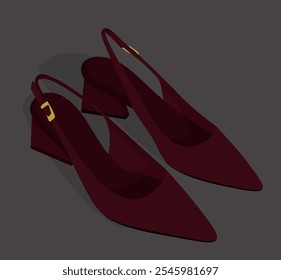 Vector flat image of burgundy sandals. Beautiful women's shoes. Open shoes with a small heel. Design for postcards, posters, backgrounds, templates, banners, textiles.