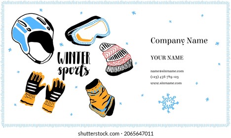 Vector flat image of business card layout of a winter sportswear and equipment store. Concept seasonal clothing, winter sports, business. There is  lettering, helmet, ski goggles, hat, snood, gloves.