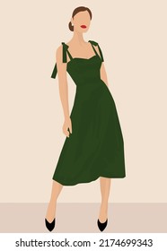 Vector flat image of a cute lady in a green midi dress and black shoes. A young girl in a beautiful dress. Design for postcards, avatars, posters, backgrounds, templates, textiles, portraits.