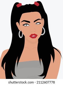 Vector flat image of a dark-haired girl with silver hoop earrings. Lady with beautiful make-up and in a gray top. Design for postcards, posters, backgrounds, templates, avatars, textiles.