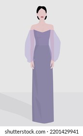 Vector flat image of a dark-haired girl in a purple dress. Model in evening dress. Design for avatars, posters, backgrounds, templates, textiles, postcards, banners.