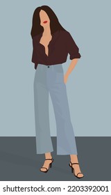 Vector flat image of a dark-haired girl in a shirt and pants. Lady in sandals. Cute and fashionable girl. Design for postcards, avatars, posters, backgrounds, templates, textiles, banners.