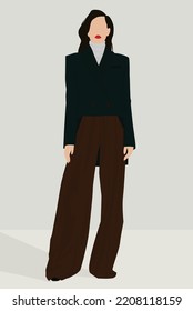 Vector flat image of a dark-haired girl in free clothes. Lady in turtleneck, pants and jacket. Girl in spring and autumn clothes. Design for postcards, avatars, posters, backgrounds, templates.