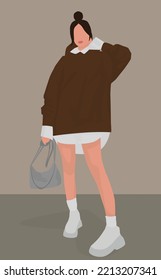Vector flat image of a dark-haired girl. Lady in a brown hoodie and shirt. Girl in sneakers and with a bag. Design for avatars, posters, backgrounds, templates, banners, textiles.