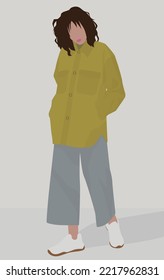 Vector flat image of a dark-haired girl in a shirt, jeans and sneakers. Young and pretty girl. Design for postcards, avatars, posters, backgrounds, templates, banners, textiles.