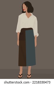 Vector flat image of a dark-haired girl with a short haircut. A lady in a white shirt, a long skirt with an original belt and sandals. Design for avatars, posters, cards, banners.