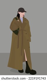 Vector flat image of a dark-haired girl in a cap. A lady in a long trench coat, black boots and a small bag. Design for avatars, posters, backgrounds, templates, banners, textiles.