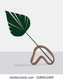 Vector flat image of a decor element. Monstera green leaf in an abstract vase. Plant on a gray background. Design for postcards, banners, posters, backgrounds, templates, textiles, postcards.