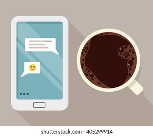 Vector flat image. Device, phone, internet and hot coffee