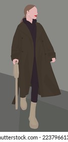 Vector flat image of a fair-haired girl in autumn-spring clothes. Purple suit, light coat, boots and bag. Design for avatars, posters, backgrounds, templates, banners, textiles.