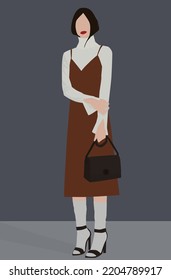 Vector flat image of a fashionista in a spring-autumn outfit. A dark-haired girl in a turtleneck, sundress, golfs and sandals. Design for avatars, posters, backgrounds, templates, banners.