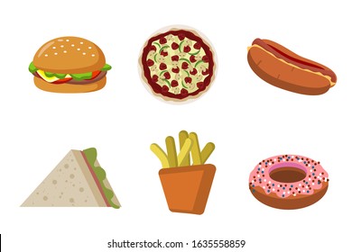 Vector flat image of fast food on a white background: French fries, hamburger, hot dog, pizza, sandwich, donut. Junk food. Unhealthy diet.