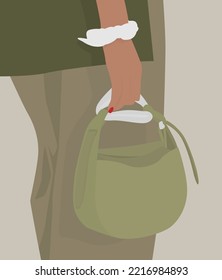Vector flat image of a female hand with a small bag. Summer girl with a light green bag. Design for posters, backgrounds, templates, textiles, banners, cards, invitations.
