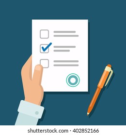 Vector flat image. Filling, signature, contract, agreement, application form, a document,hands, magnifier, paperwork, consultant,