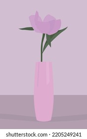 Vector flat image of flora in the house. Tulip light purple in a vase on the table. Flower in a vase on a light background. Design for cards, backgrounds, templates, textiles, banners, posters.