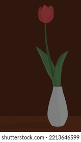 Vector flat image of a flower in a vase. Light vase with a red tulip on a dark background. Design for cards, backgrounds, templates, banners, posters, textiles.
