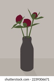 Vector flat image of flowers on the table. Illustration of bright peonies in a gray vase. Design for postcards, posters, backgrounds, templates, banners, textiles.