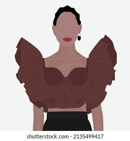 Vector flat image of a girl in a beautiful burgundy top and skirt. Lady with short hair in beautiful clothes. Design for avatars, posters, backgrounds, templates, postcards, textiles.