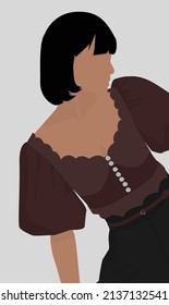 Vector flat image of a girl in a beautiful top with large flounces. Girl with short black hair. Design for postcards, posters, backgrounds, templates, textiles, avatars.
