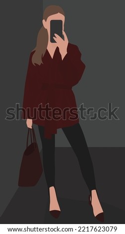 Vector flat image of a girl with blond hair. Lady in a burgundy jacket, leggings, sandals and a bag. Design for postcards, avatars, posters, backgrounds, templates, banners, textiles.