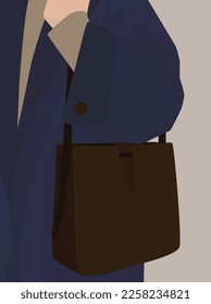 Imagen plana vectorial de una chica con un abrigo azul, un suéter ligero y una bolsa marrón. Chica con ropa de primavera otoño. Diseño para fondos, plantillas, carteles, textiles, carteles.
