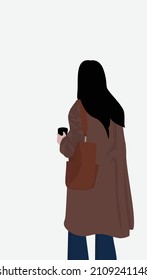 Vector flat image of a girl in a brown coat, blue jeans with a brown bag. Cute girl with long black hair. Design for postcards, posters, backgrounds, templates, avatars.