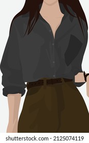 Vector flat image of a girl with brown hair. Lady in a gray shirt and brown pants. Design for postcards, posters, backgrounds, templates, textiles, avatars.