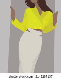 Imagen plana vectorial de una chica con el pelo largo marrón. Dama con una chaqueta corta y una falda de luz larga. Diseño para postales, afiches, avatares, retratos, fondos.