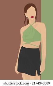 Vector flat image of a girl with brown hair. A lady in a green top and a short dark skirt. Design for postcards, avatars, posters, backgrounds, templates, textiles, portraits.