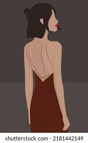 Vector flat image of a girl in a brown dress with an open back. Brunette with short hair. Design for postcards, posters, backgrounds, templates, textiles, avatars.