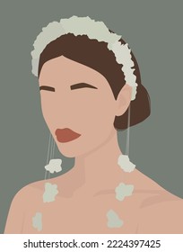 Vector flat image of a girl with brown hair in a white headband with flowers and flowers hanging on the sides. Design for avatars, posters, backgrounds, templates, banners, textiles, portraits.