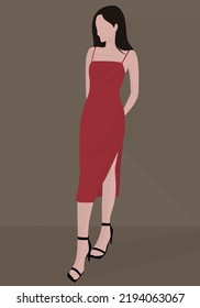 Vector flat image of a girl in a burgundy midi dress with a slit. Girl in a sundress and high heeled sandals. Design for postcards, avatars, posters, backgrounds, templates, textiles, banners.