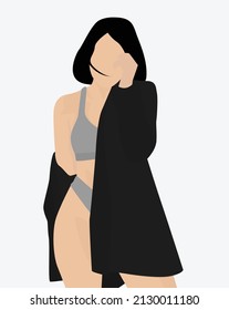 Vektorflaches Bild eines Mädchens in einer dunklen Jacke und grauer Unterwäsche. Junge süße Mädchen mit schwarzen kurzen Haaren. Design für Postkarten, Poster, Avatare, Textilien, Vorlagen.